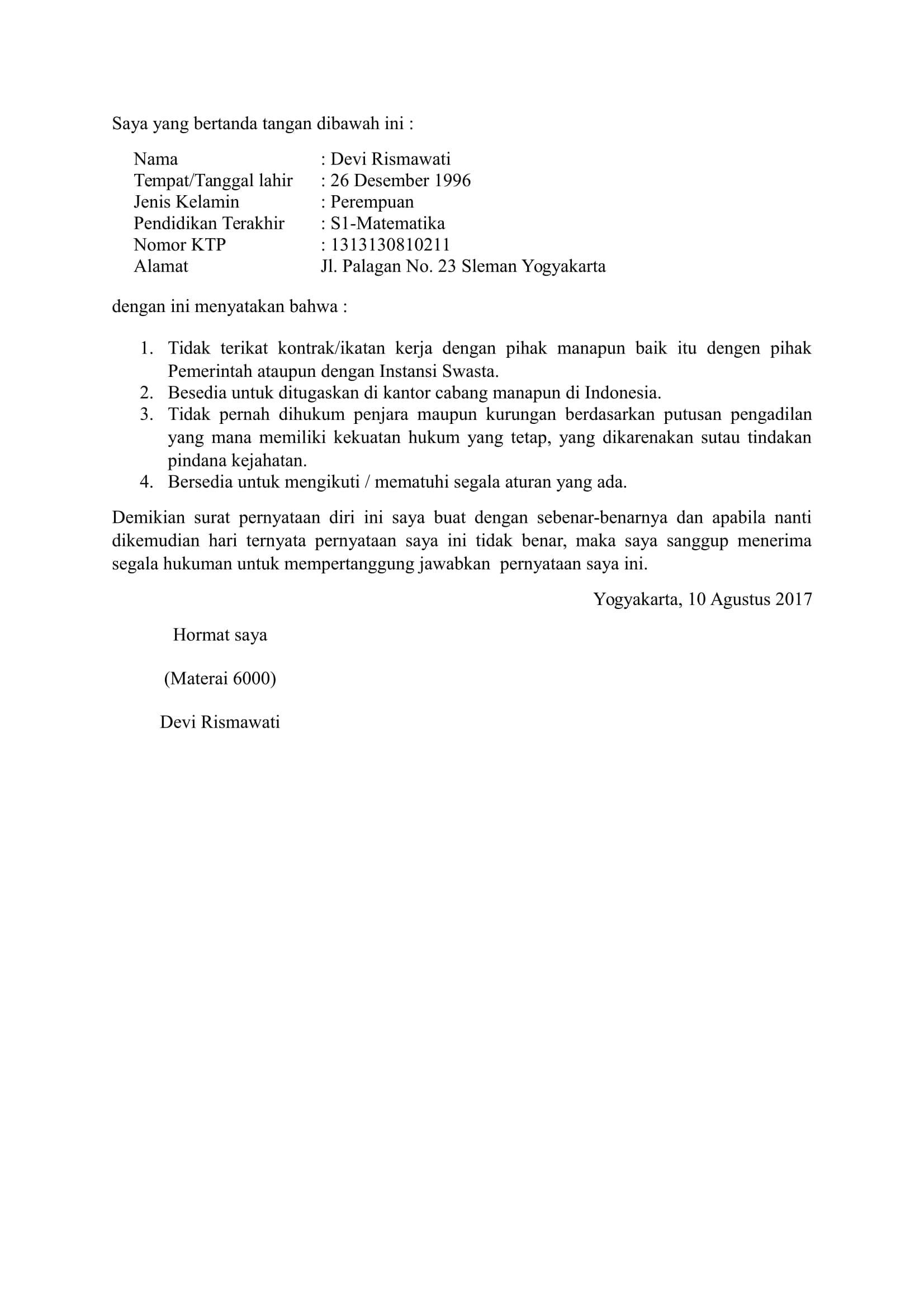 Contoh Surat Pernyataan Bermaterai Doc Nusagates